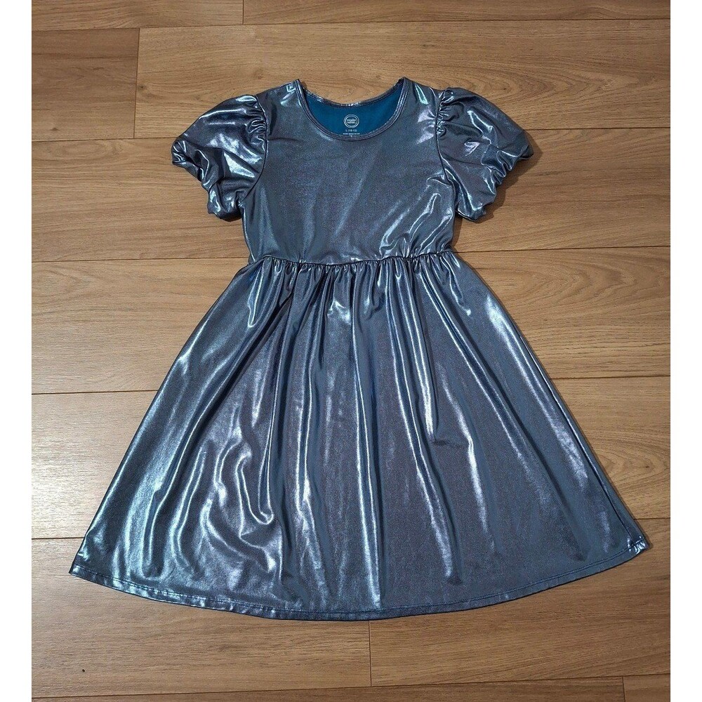 Wonder Nation Girls Metallic Knit Puff Sleeve Dress, Girl's Large 10-12 - Picture 2 of 5